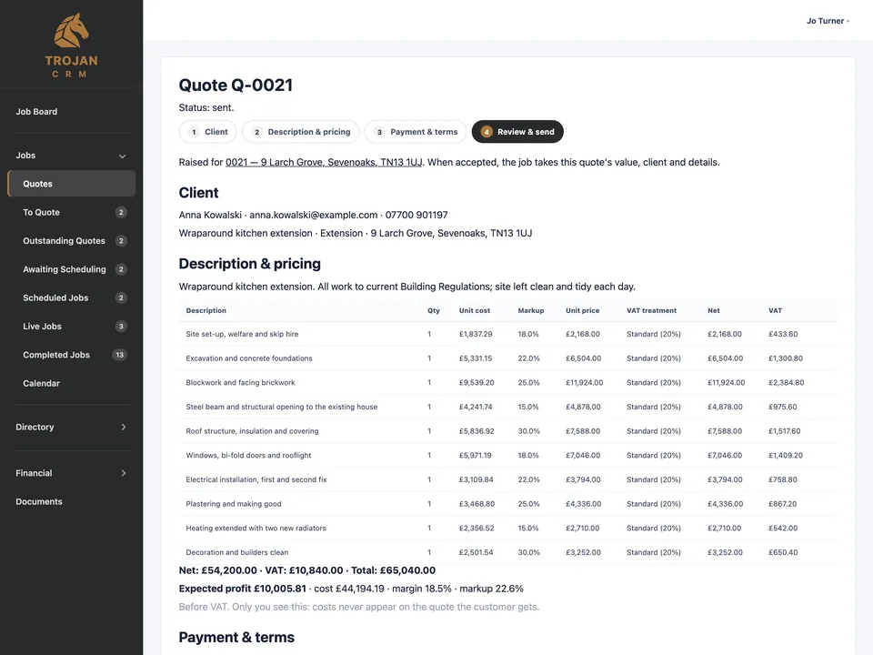 A sent quote with lines, payment stages and totals