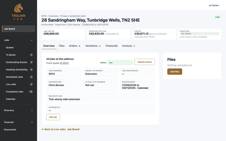 A job: value, invoiced so far, costs and position, with tabs for each kind of record