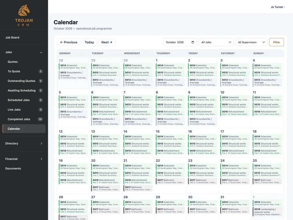 Month calendar of jobs with status and supervisor filters