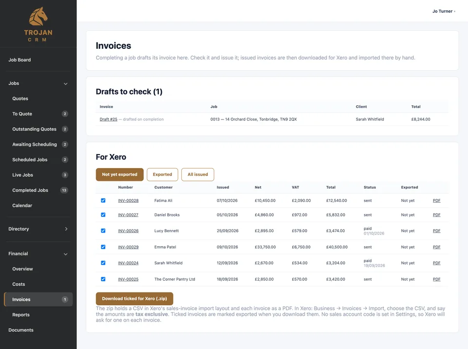 Invoices: drafts to check, then issued, sent and paid, with a download for Xero