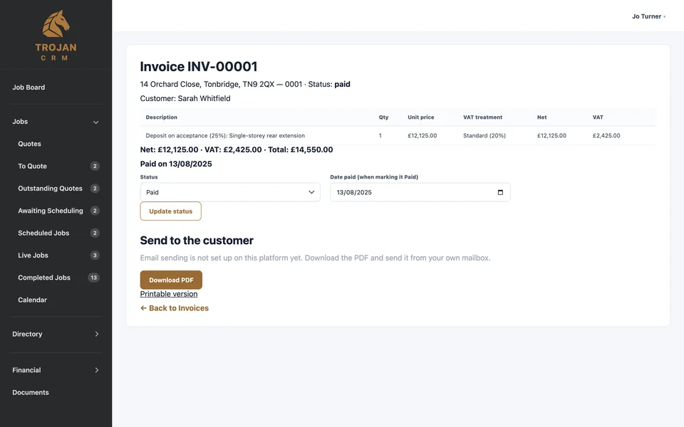 An issued invoice with lines, VAT and totals